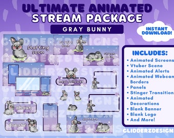ULTIMATE Gray Bunny Stream Package | Bunny Twitch Package PURPLE | Rabbit Animated Stream Package | Bunny Stream Overlay