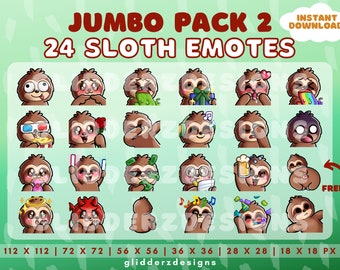 Sloth Twitch Emote Jumbo Pack 2 | Sloth Stream Emotes | 24 Sloth Emotes for Discord, Twitch, Youtube