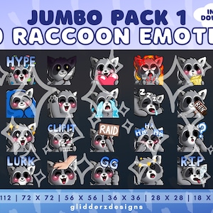 May include: A set of 20 raccoon emoticons in various poses and expressions, including "Hype", "Lurk", "Clipit", "Raid", "GG", and "RIP". The emoticons are in different sizes, ranging from 18 x 18 pixels to 112 x 112 pixels. The text "INSTANT DOWNLOAD!" is in the upper right corner of the image.