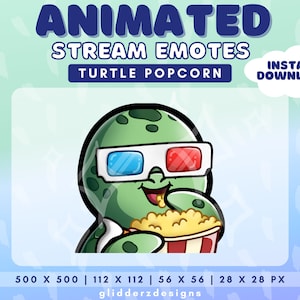 May include: Animated Twitch emote featuring a green turtle wearing 3D glasses and eating popcorn from a red and white striped bucket. The emote is available in four sizes: 500 x 500 pixels, 112 x 112 pixels, 56 x 56 pixels, and 28 x 28 pixels.