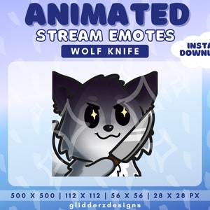 Puede incluir: Emoticono animado de Twitch con un lobo de dibujos animados sosteniendo un cuchillo. El lobo tiene pelaje negro, ojos blancos con estrellas doradas y una sonrisa traviesa. El emoticono está disponible en cuatro tamaños: 500 x 500 píxeles, 112 x 112 píxeles, 56 x 56 píxeles y 28 x 28 píxeles.