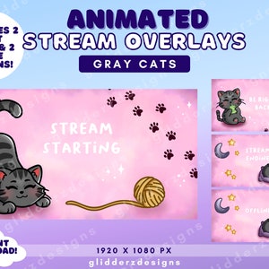 Animierte Katze Twitch Overlay | Rosa Overlay Katze | Pink Stream Overlay Twitch | Animiertes Cat Stream Overlay | Graue Katze Twitch Overlay Pack