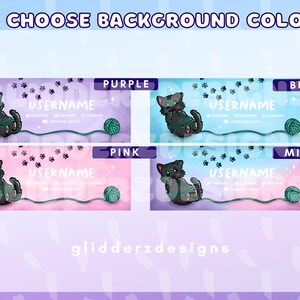 May include: Four Twitch banner designs featuring a cartoon cat with a ball of yarn. The banners are in purple, blue, pink, and a mix of pink and blue. Each banner has the text "USERNAME" and "gliderzdesigns".