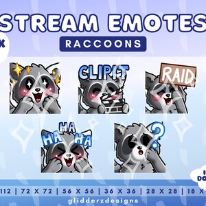 May include: A set of five animated raccoon emotes for Twitch or Discord. The emotes feature a raccoon with different expressions, including laughing, surprised, and holding a sign that says "RAID".