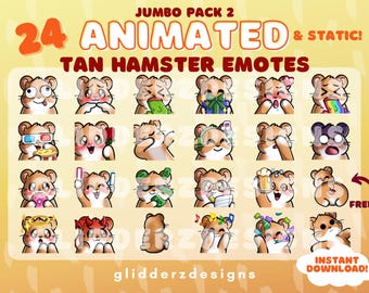 May include: A set of 24 animated and static tan hamster emotes. The emotes feature a variety of expressions, including happy, sad, surprised, and angry. The emotes are perfect for use on Twitch, Discord, and other online platforms.