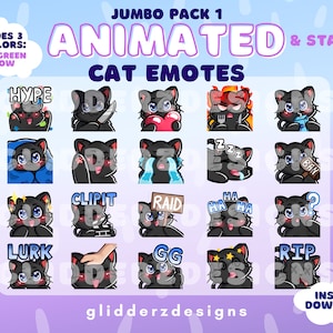 Black Cat ANIMATED Emotes Jumbo Pack 1 | 20 Black Cat Twitch Emotes | 20 Static AND Animated Cat Emotes | Black Cat Discord Emotes