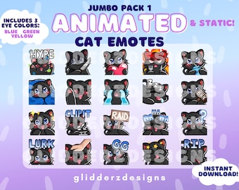 Black Cat ANIMATED Emotes Jumbo Pack 1 | 20 Black Cat Twitch Emotes | 20 Static AND Animated Cat Emotes | Black Cat Discord Emotes