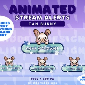 Tan Bunny Twitch Alerts | Bunny Animated Twitch Alerts | Blue Flower Alerts for Twitch | Purple Twitch Alerts