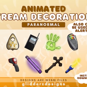 Könnte beinhalten: Animierte Webm-Dateien von paranormalen Stream-Dekorationen. Das Set enthält ein Ouija-Brett, eine Geisterhand, eine Geisterbox, ein Geistermessgerät, ein Thermometer, einen Leuchtstab, ein Kreuz und eine Taschenlampe.