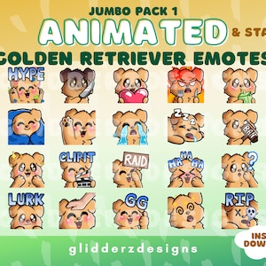 Pack géant d'émoticônes animées Golden Retriever 1 | 20 émoticônes Twitch pour chien | 20 émoticônes de chien statiques ET animées | Emotes Discord pour chiens