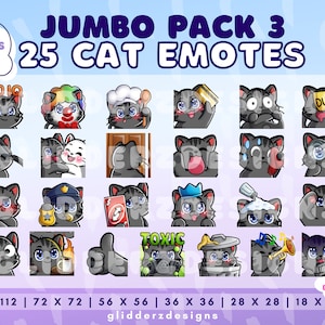 Gray Cat Twitch Emote Jumbo Pack 3 | Gray Cat Emotes | 25 Gray Cat Emotes for Discord, Twitch, Youtube