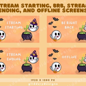 Op de afbeelding: Vier digitale stream-schermen met een oranje achtergrond, cartoongeesten, vleermuizen en een ketel. De tekst bevat STREAM STARTING, BE RIGHT BACK, STREAM ENDING en OFFLINE. Elk scherm meet 1920 x 1080 pixels.