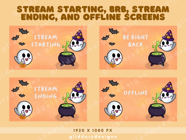 Op de afbeelding: Vier digitale stream-schermen met een oranje achtergrond, cartoongeesten, vleermuizen en een ketel. De tekst bevat STREAM STARTING, BE RIGHT BACK, STREAM ENDING en OFFLINE. Elk scherm meet 1920 x 1080 pixels.