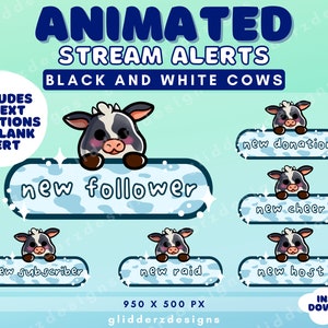 Alertas ANIMADOS do Twitch | Alertas Twitch animados de vaca | Alertas fofos de vacas em preto e branco | Alertas de transmissão animados | Twitch de alertas de vaca