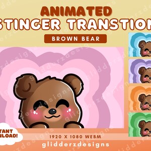 May include: Animated stinger transition featuring a brown bear with pink cheeks. The bear is peeking over a pink and white swirl background. The text "ANIMATED STINGER TRANSITION" and "BROWN BEAR" is displayed above the bear. The text "1920 X 1080 WEBM" and "glidderzdesigns" is displayed below the bear.