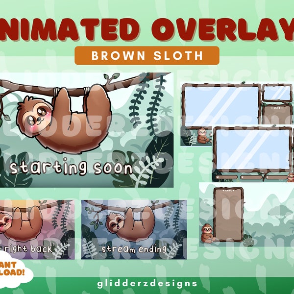 Brown Sloth Twitch Overlay | Sloth Animated Twitch Overlay | Brown Sloth Overlays for Twitch | Jungle Stream Overlays