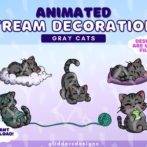May include: Animated gray cat stream decorations. The cats are in various poses, including sleeping, playing with yarn, and cuddling. The designs are in a cartoon style and are perfect for adding a touch of fun to your stream.
