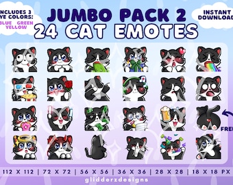 Może przedstawiać: Cyfrowa kolekcja 24 czarno-białych emotikonów kotów z różnymi wyrazami twarzy i czynnościami. Tekst zawiera JUMBO PACK 2, 24 CAT EMOTES, INCLUDES 3 EYE COLORS: BLUE GREEN YELLOW, INSTANT DOWNLOAD, FREE oraz rozmiary 112, 72, 56, 36, 28, 18 PX.