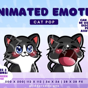 May include: Animated cat emotes with three eye color options: blue, green, and yellow. The emotes are in black and white with pink cheeks and a white stripe on the face. The emotes are available in four sizes: 500 x 500 pixels, 112 x 112 pixels, 56 x 56 pixels, and 28 x 28 pixels. The emotes can also be used as Discord PNG avatars.