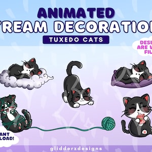 May include: Animated stream decorations featuring five black and white tuxedo cats in various poses. The cats are animated in webm format. The text "Animated Stream Decorations Tuxedo Cats" is at the top of the image. The text "Designs are Webm Files" is in the top right corner of the image. The text "Instant Download!" is in the bottom left corner of the image. The text "gliddderzdesigns" is in the bottom centre of the image.