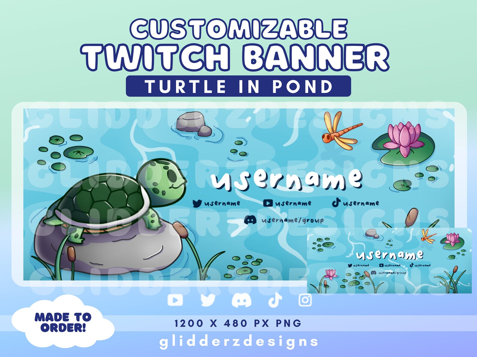 Turtle Twitch Banner | Pond Twitch Banner | Cute Turtle Banner for ...