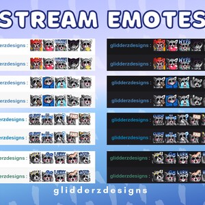 May include: A set of 10 Twitch emotes featuring a raccoon character in various poses and expressions. The emotes include "Hype", "Lurk", "Rip", "Clip It", "Raid", and more. The emotes are designed in a cartoon style with a black background and white text.