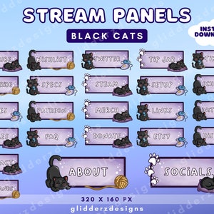 猫のストリームパネル | Twitch 猫のパネル | 紫のストリームパネル | 24 個の黒猫の Twitch パネル 紫