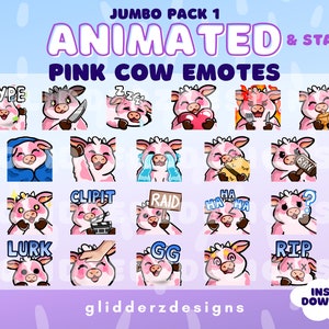 Pink Cow ANIMATED Emotes Jumbo Pack 1 | Strawberry Cow Twitch Emotes | 21 Static AND Animated Cow Emotes | Pink Cow Animated Twitch Emotes