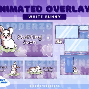 White Bunny Twitch Overlay | Bunny Animated Twitch Overlay | Purple Flower Overlays for Twitch | White Bunny Stream Overlays