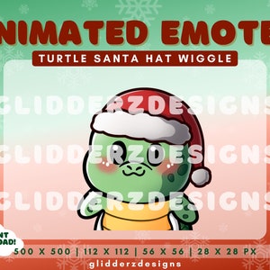 May include: Animated emote of a green turtle wearing a red and white Santa hat. The turtle is smiling and has a yellow shell. The text "GLIDDERZDESIGNS" is repeated three times on the image. The text "ANIMATED EMOTES" and "TURTLE SANTA HAT WIGGLE" are also on the image. The text "INSTANT DOWNLOAD!" is on the image. The text "500 X 500 | 112 X 112 | 56 X 56 | 28 X 28 PX" is on the image. The text "glidderzdesigns" is on the image.