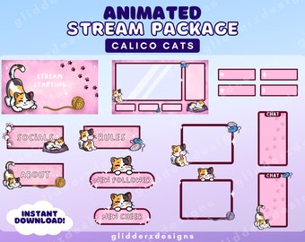 Paquete de superposición de Twitch animado de Calico Cat / Paquete de Twitch animado de gato / Paquete de transmisión rosa animado
