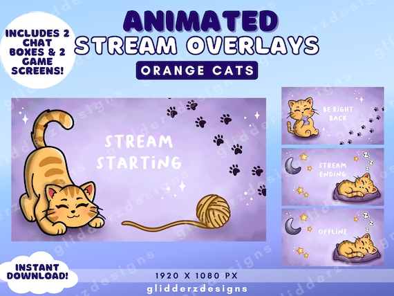 Cat Stream Package Animated Gray Cat Twitch Package Cat Stream Overlay Package Purple Stream Overlay Animated