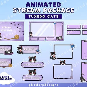 Pacote Twitch Overlay Cat Stream | Sobreposições de Twitch de gato de smoking | Pacote animado Cat Twitch Overlay | Sobreposição de fluxo roxo animada