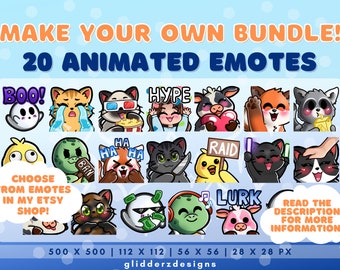 May include: A digital collection of 20 animated emotes featuring various cartoon animals and characters. Text includes MAKE YOUR OWN BUNDLE! 20 ANIMATED EMOTES, CHOOSE FROM EMOTES IN MY ETSY SHOP!, READ THE DESCRIPTION FOR MORE INFORMATION!, and glidderzdesigns.