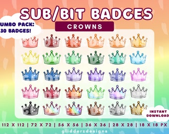 May include: A collection of 30 crown-shaped badges in various colors, including pink, red, orange, yellow, green, blue, and purple. The text "SUB/BIT BADGES" and "CROWNS" are displayed at the top. The image also includes the text "JUMBO PACK: 30 BADGES!" and "INSTANT DOWNLOAD!"