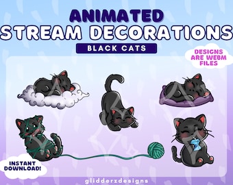 May include: Animated stream decorations featuring black cats. The set includes a cat sleeping on a cloud, a cat stretching, a cat sleeping on a purple cushion, a cat tangled in green yarn, and a cat drinking from a blue carton. Text reads: ANIMATED STREAM DECORATIONS, BLACK CATS, DESIGNS ARE WEBM FILES, INSTANT DOWNLOAD, glidderzdesigns.