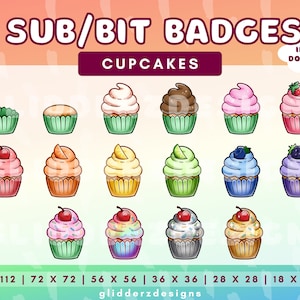 Cupcake Twitch Badges | 16 Cupcake Badges and Emotes for Streamers | Cupcake Sub Badges |Cupcake Bit Badges | Cupcake Twitch Emotes