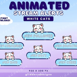 ANIMATED Cat Alerts Twitch | Cat ANIMATED Stream Alerts | White Cat Twitch Alerts | Cat Stream Alerts Blue | Stream Animated Alerts Cats