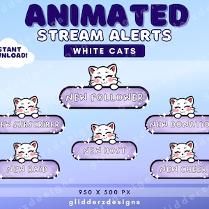Alertas de transmissão ANIMADOS de gato | Alertas de gato Twitch animados | Alertas animados de fluxo de gatos | Alertas de fluxo roxo | Alertas de gato branco