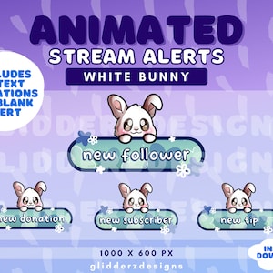 White Bunny Twitch Alerts | Bunny Animated Twitch Alerts | Blue Flower Alerts for Twitch | Purple Twitch Alerts