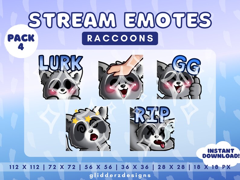 May include: A set of five animated raccoon emotes for Twitch or Discord. The emotes feature different expressions and text, including "Lurk", "GG", "RIP", and a raccoon being petted. The emotes are available in various sizes, ranging from 18 to 112 pixels.