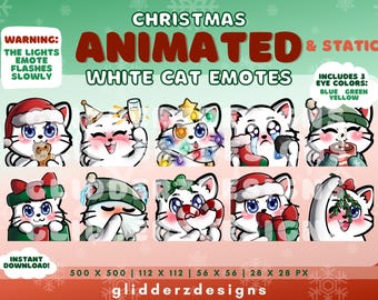 White Cat Christmas Animated Twitch Emotes | 10 Cat Holiday Emotes Pack | Cat Christmas Twitch Emotes | White Cat Animated Twitch Emote