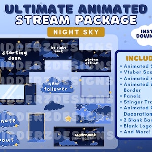 ULTIMATE Cloud Animated Twitch Package | Night Sky Stream Package Animated | Animated Cloud Twitch Package | Starry Sky Stream Overlay