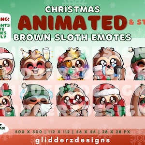May include: Set of eight animated Christmas sloth emotes. The emotes feature a brown sloth wearing a Santa hat, a green hat, and other festive attire. The emotes are in various poses, including holding a candy cane, a gift, and a mistletoe sprig. The emotes are available in four sizes: 500 x 500 pixels, 112 x 112 pixels, 56 x 56 pixels, and 28 x 28 pixels.