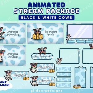 Cow ANIMATED Twitch Package | Cow Stream Package ANIMATED | Black and White Cow Animated Overlay Package | Teal Twitch Package Animated