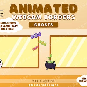 May include: Animated webcam borders with a ghost, candy, a cauldron, and bats. The borders are 900 x 500 pixels and include 4:3 and 16:9 ratios. Instant download.