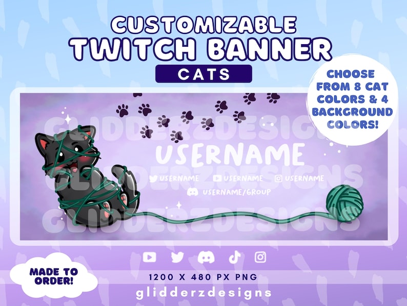 May include: Customizable Twitch banner featuring a black cat tangled in green yarn, with paw prints and the text "CHOOSE FROM 8 CAT COLORS & 4 BACKGROUND COLORS!" and "USERNAME". The banner is 1200 x 480 pixels and is made to order.