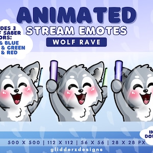 May include: Animated Twitch stream emotes featuring a cute wolf character holding a glowing light stick in various colors: pink and blue, purple and green, and blue and red. The emotes are available in four sizes: 500 x 500 pixels, 112 x 112 pixels, 56 x 56 pixels, and 28 x 28 pixels.