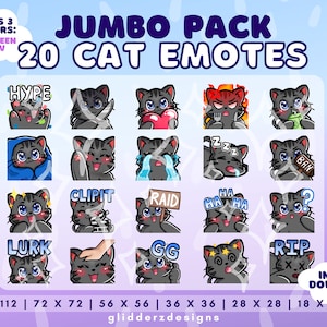Twitch Gray Cat Emote JUMBO Pack 1 | 20 Gray Cat Stream Emotes | Gray Cat Discord Emotes Pack | Gray Cat Twitch Emotes Pack