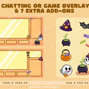 Op de afbeelding: Twee digitale streaming-overlays en zeven extra grafische elementen met Halloween-thema's. De set bevat een paarse heksenhoed, een zwarte ketel met groene toverdrank, een pompoen-snoepemmer, een spookje en diverse snoepjes.